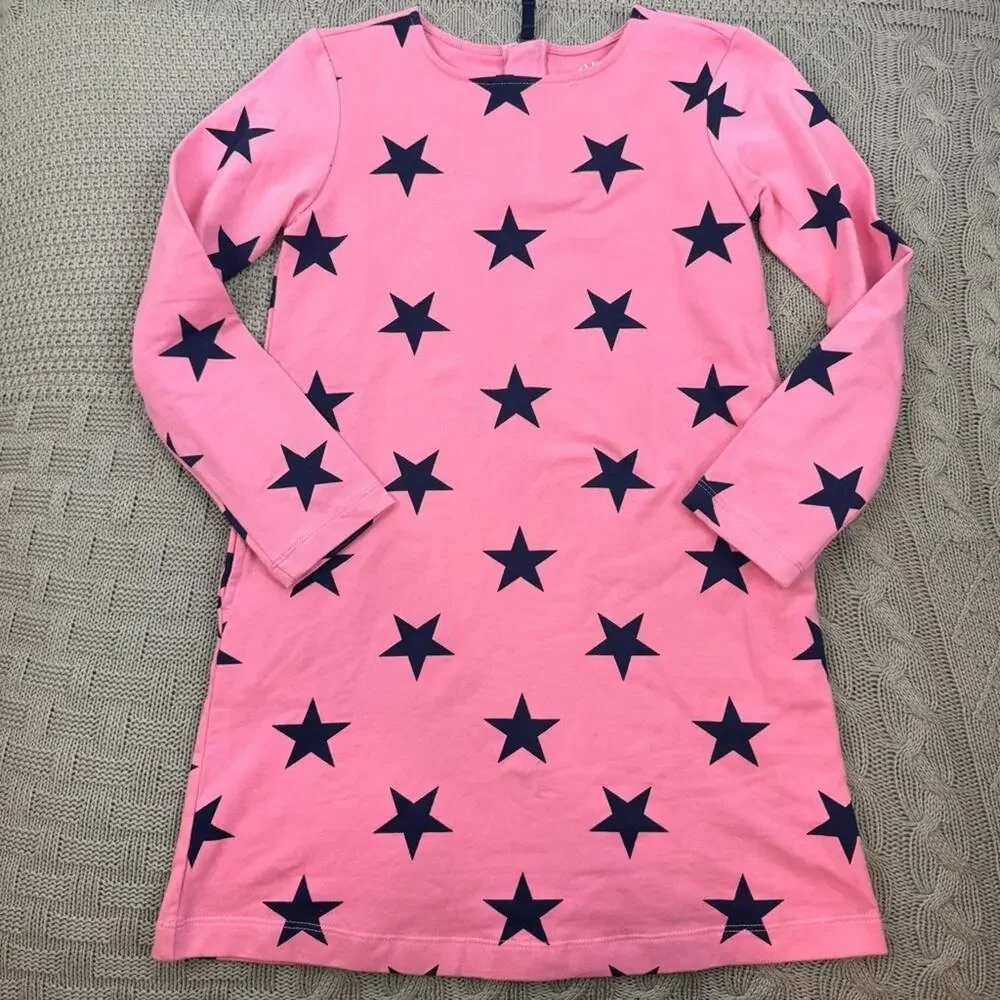 Primary Girls Long Sleeved Pink Dress with Navy Star Accents & Pockets 8/9
